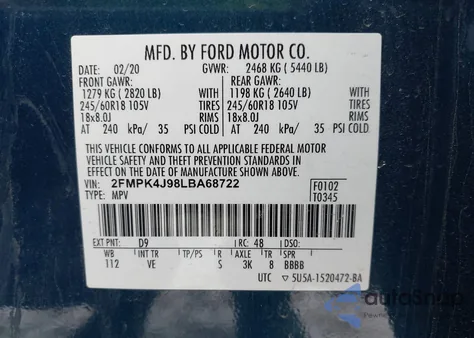 2020 Ford Edge Sel z USA, uszkodzony, nr VIN 2FMPK4J98LBA68722